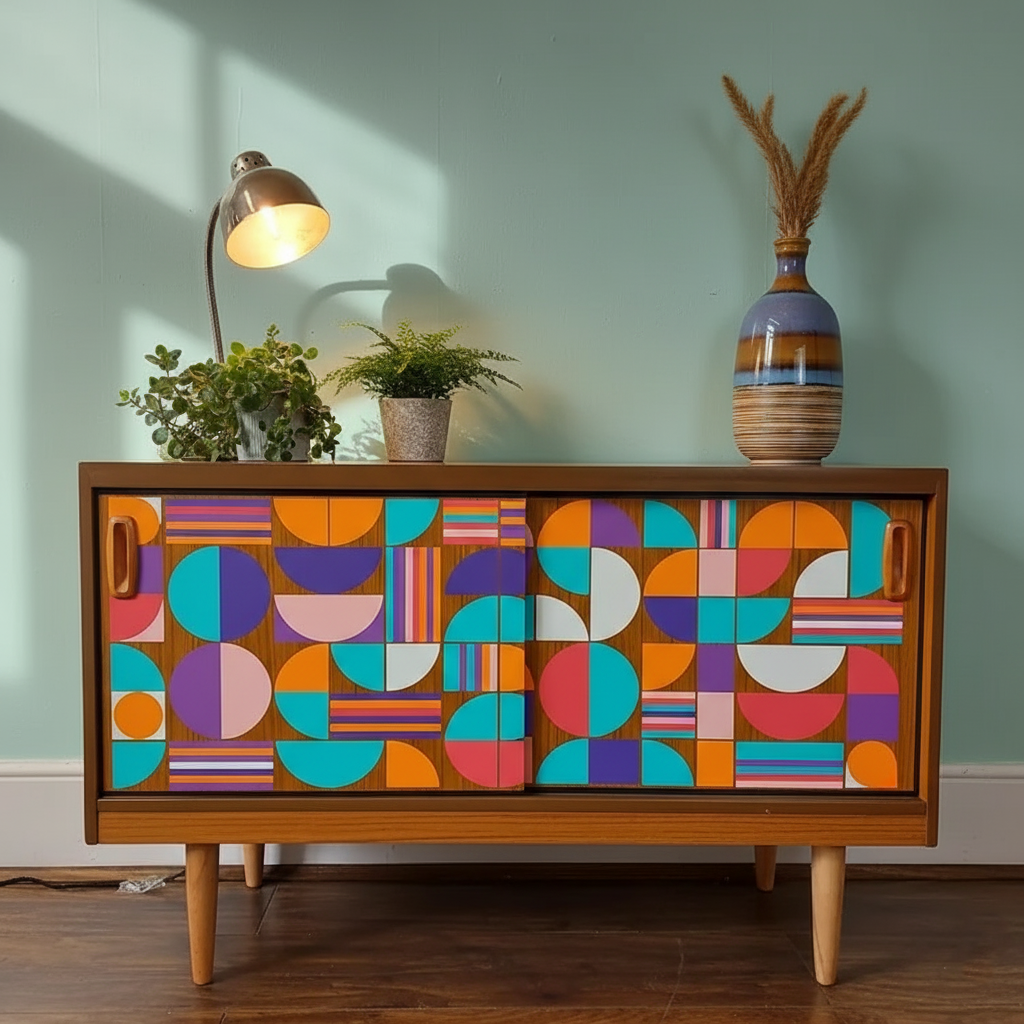 Custom Hand-Painted Mid-Century Modern Sideboard – Geometric Real Wood Console & Media Cabinet