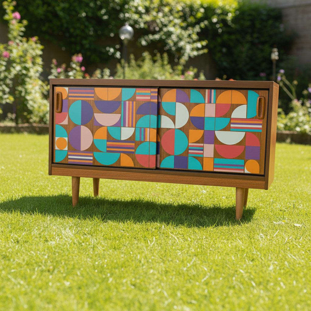 Custom Hand-Painted Mid-Century Modern Sideboard – Geometric Real Wood Console & Media Cabinet