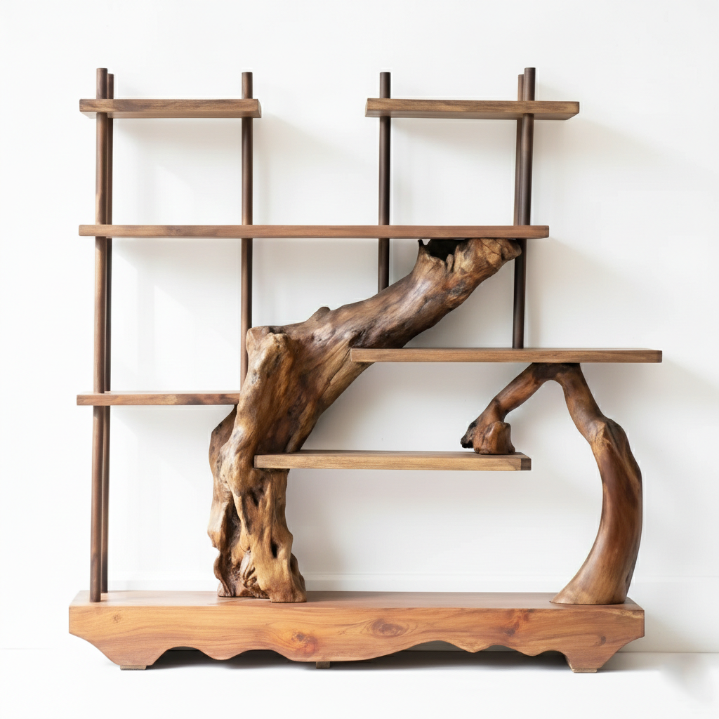 Asymmetrical Live-Edge Solid Wood Gallery Shelf – Sculptural Room Divider Installation