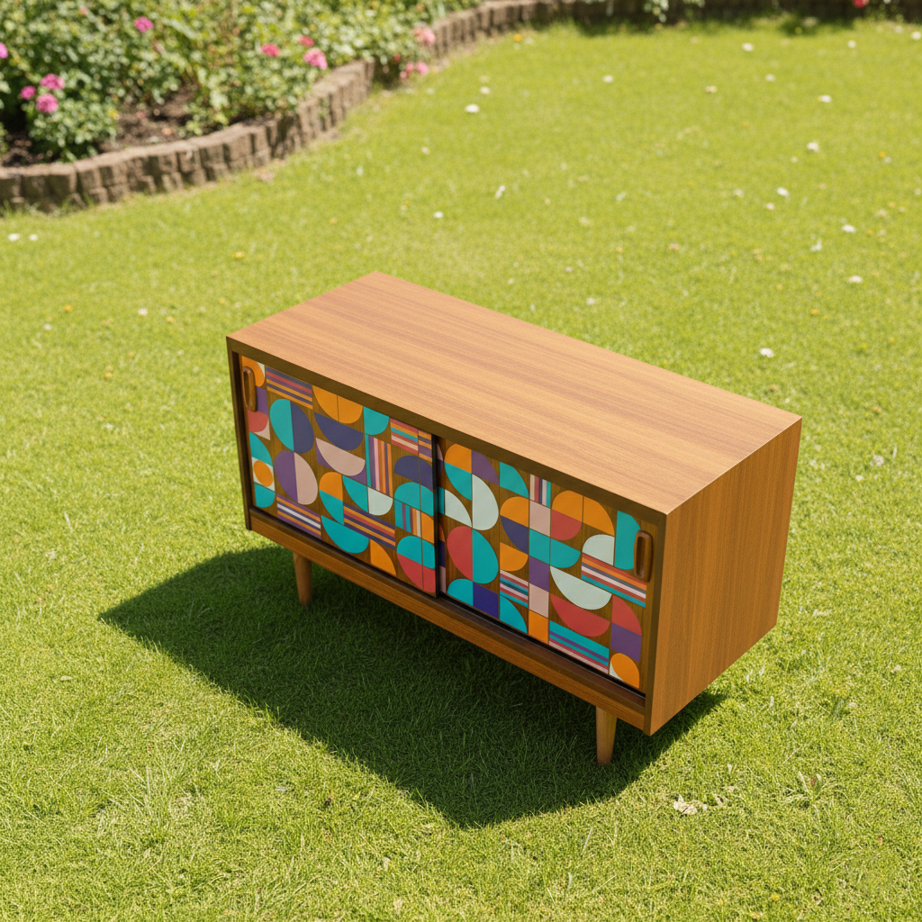 Custom Hand-Painted Mid-Century Modern Sideboard – Geometric Real Wood Console & Media Cabinet