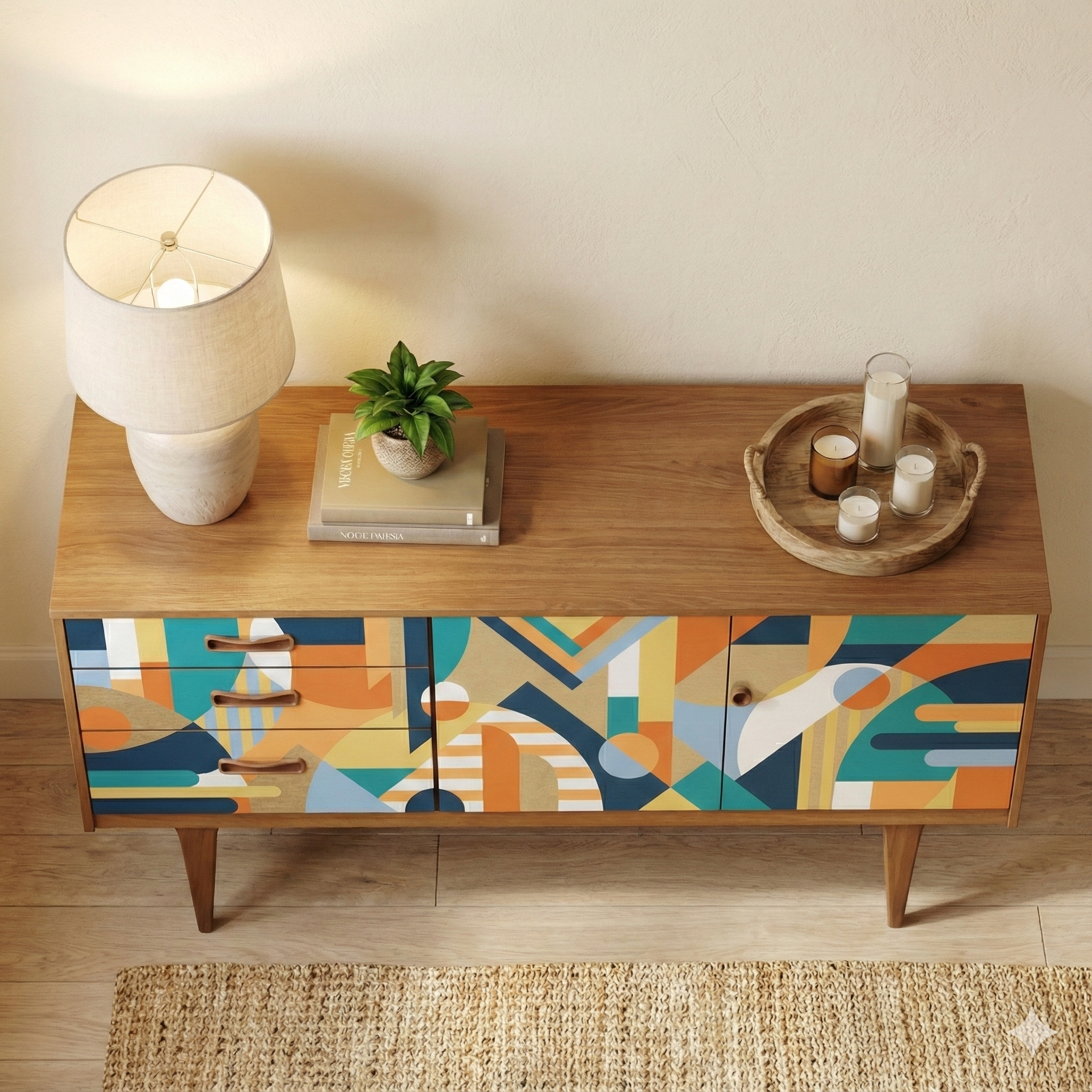 Modern Geometric Walnut Sideboard – Handmade Abstract Hand-Painted Console Cabinet