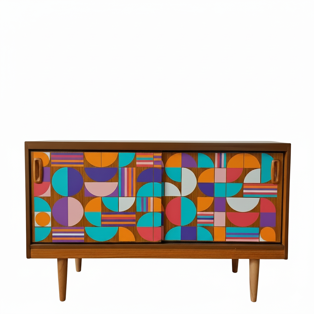 Custom Hand-Painted Mid-Century Modern Sideboard – Geometric Real Wood Console & Media Cabinet