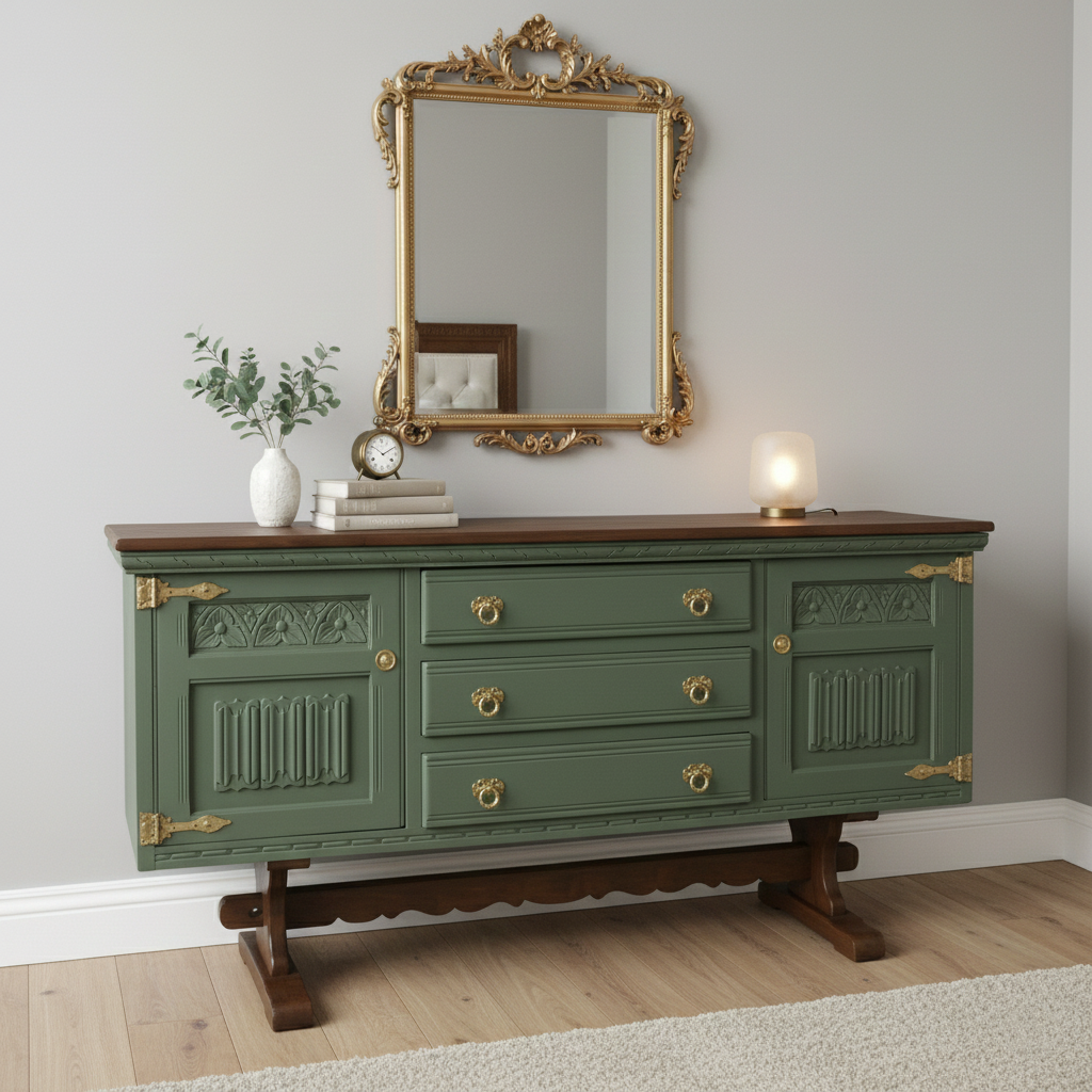 Handmade Walnut Sage Green Sideboard – Vintage Rustic Solid Wood Console Cabinet