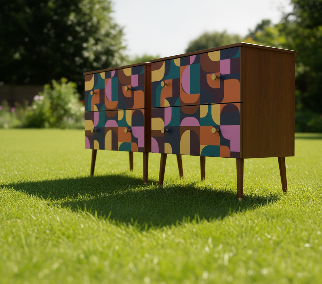 Hand-Painted Mid-Century Modern Nightstands – Geometric Abstract Real Wood Accent Cabinets