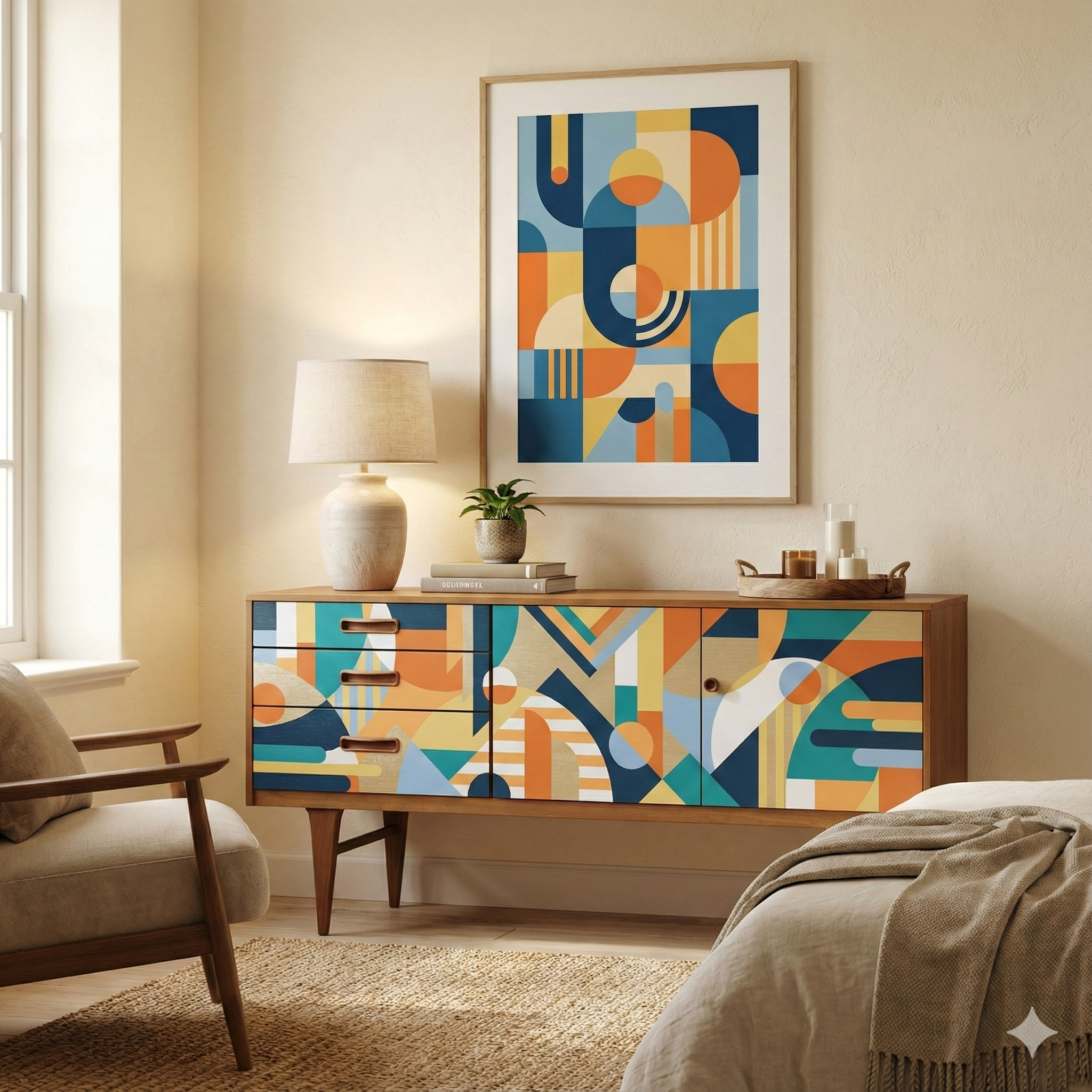 Modern Geometric Walnut Sideboard – Handmade Abstract Hand-Painted Console Cabinet