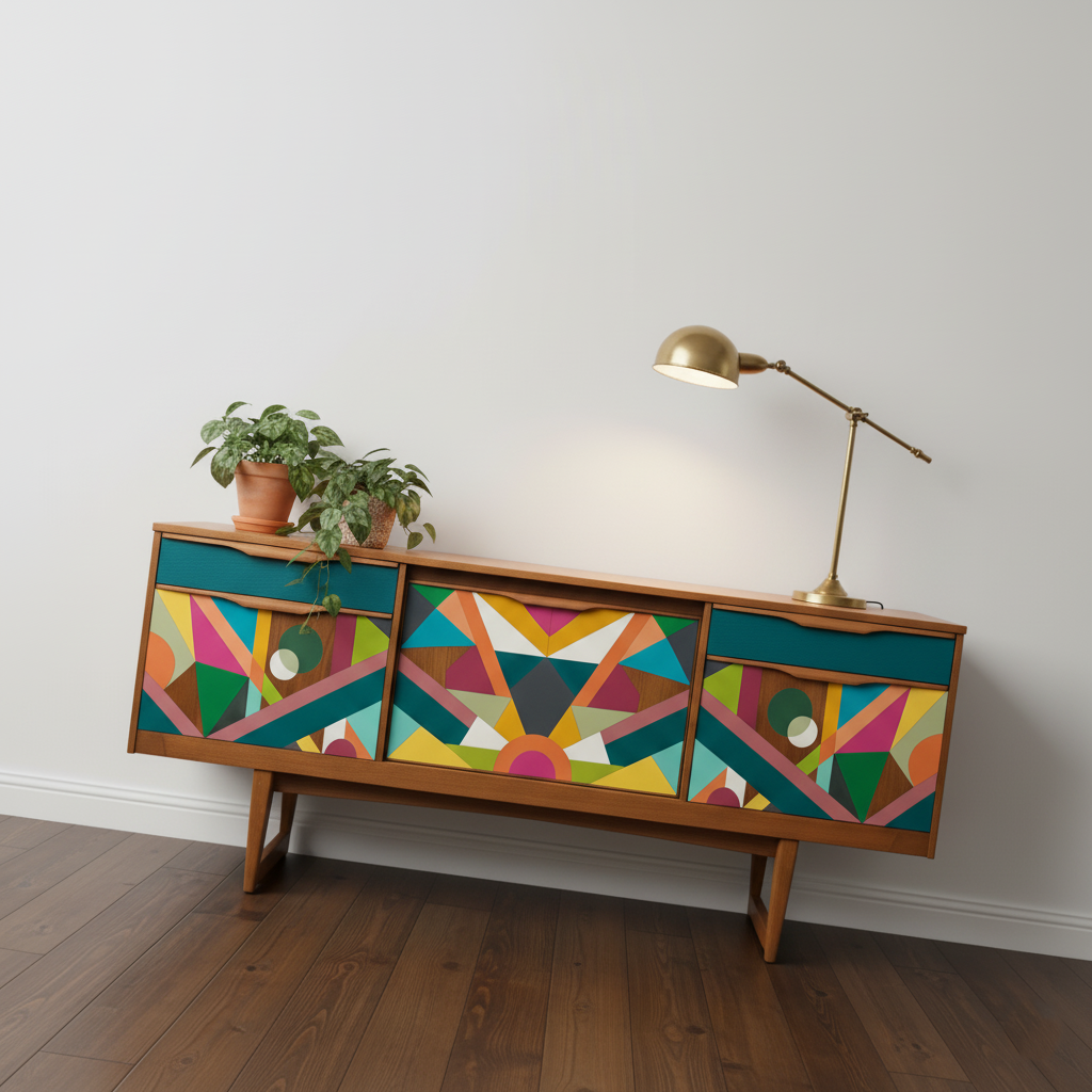 Hand-Painted Real Wood Sideboard – Mid-Century Modern Pop Art Geometric Console Cabinet