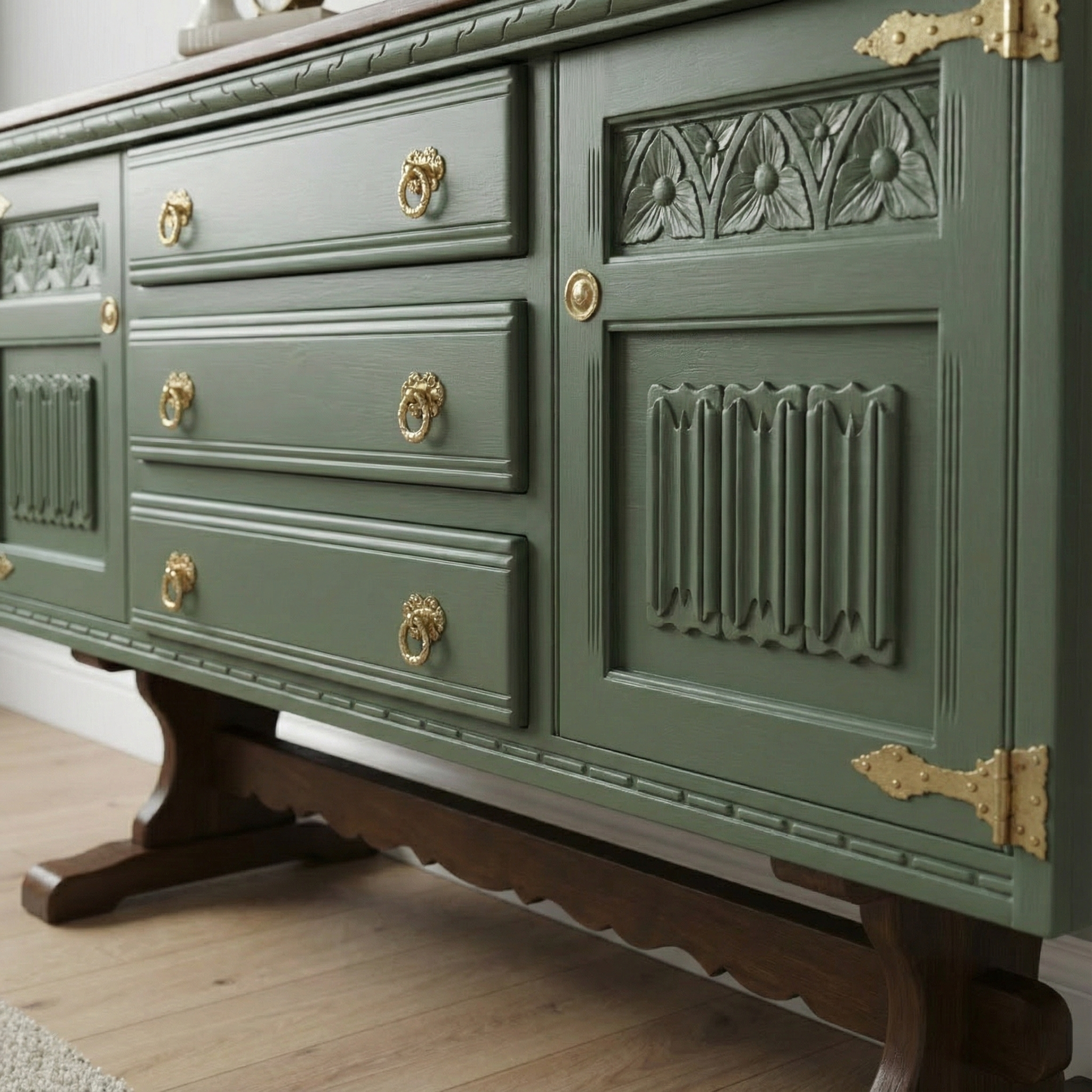 Handmade Walnut Sage Green Sideboard – Vintage Rustic Solid Wood Console Cabinet