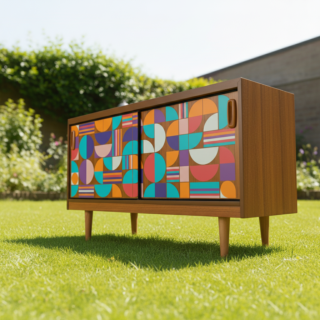 Custom Hand-Painted Mid-Century Modern Sideboard – Geometric Real Wood Console & Media Cabinet
