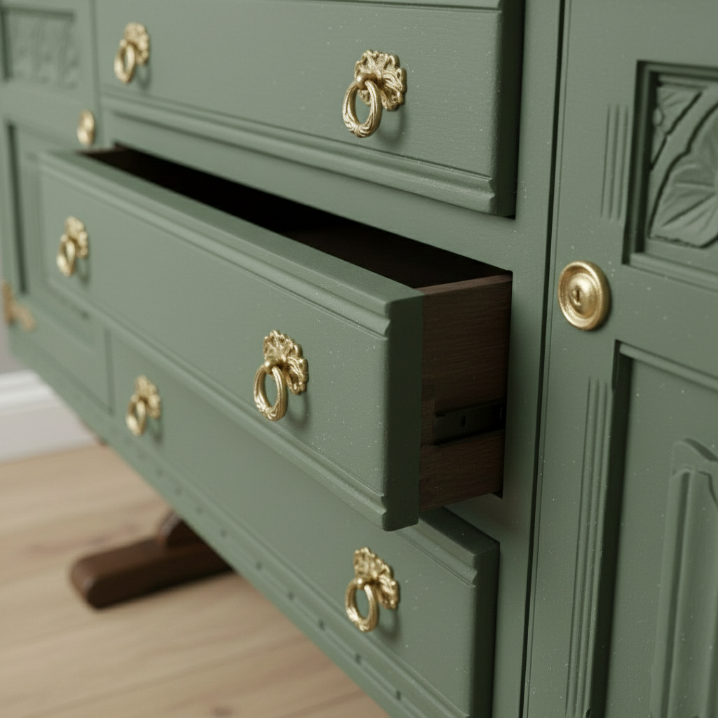 Handmade Walnut Sage Green Sideboard – Vintage Rustic Solid Wood Console Cabinet