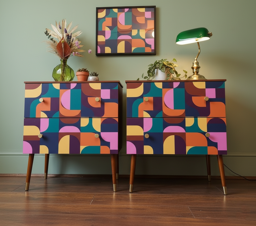 Hand-Painted Mid-Century Modern Nightstands – Geometric Abstract Real Wood Accent Cabinets