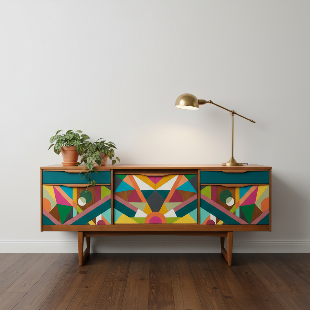 Hand-Painted Real Wood Sideboard – Mid-Century Modern Pop Art Geometric Console Cabinet