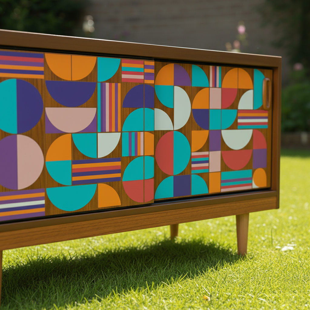 Custom Hand-Painted Mid-Century Modern Sideboard – Geometric Real Wood Console & Media Cabinet