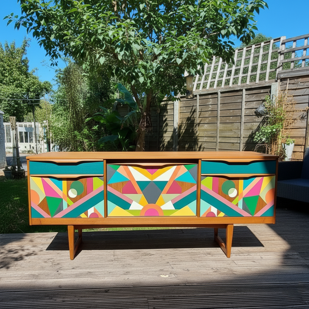 Hand-Painted Real Wood Sideboard – Mid-Century Modern Pop Art Geometric Console Cabinet