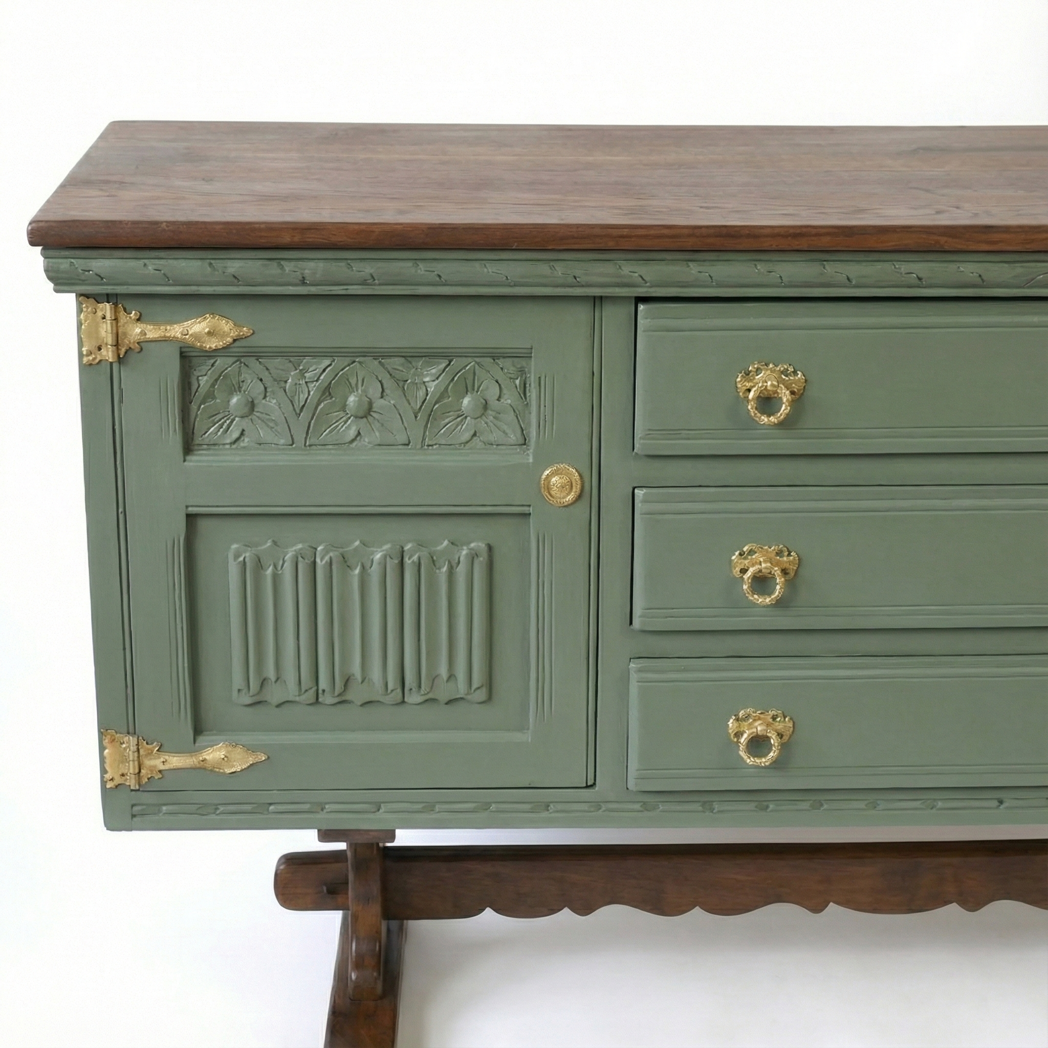 Handmade Walnut Sage Green Sideboard – Vintage Rustic Solid Wood Console Cabinet