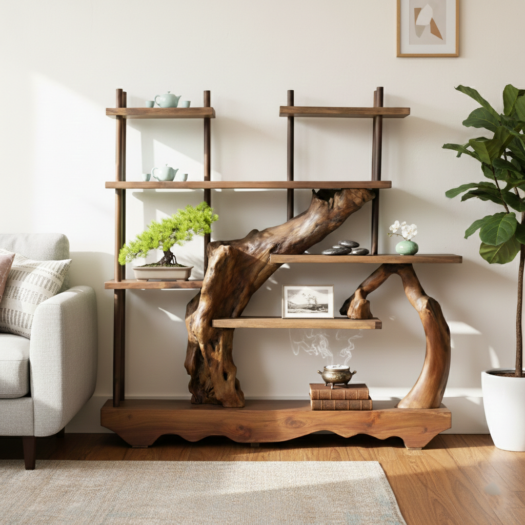 Asymmetrical Live-Edge Solid Wood Gallery Shelf – Sculptural Room Divider Installation