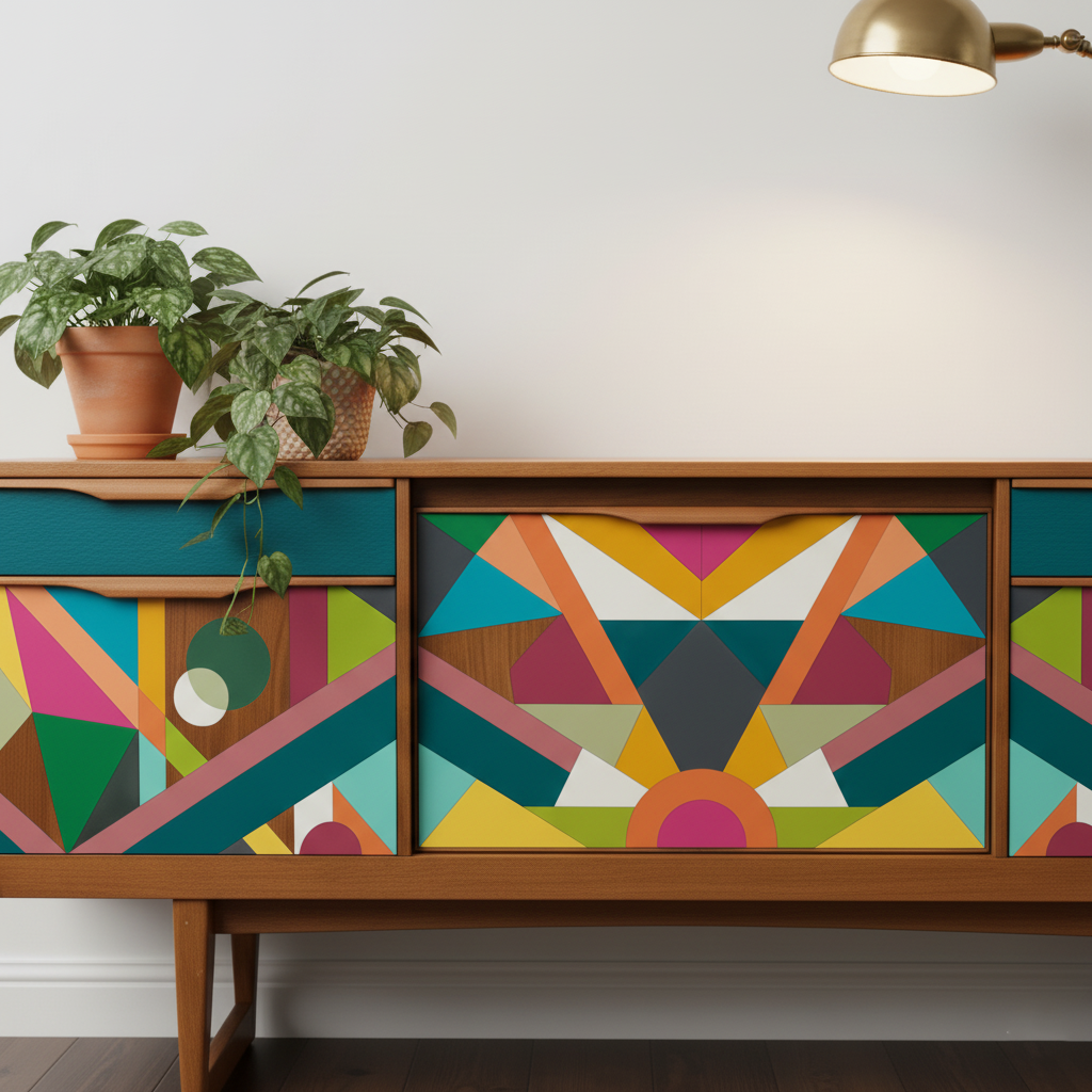 Hand-Painted Real Wood Sideboard – Mid-Century Modern Pop Art Geometric Console Cabinet