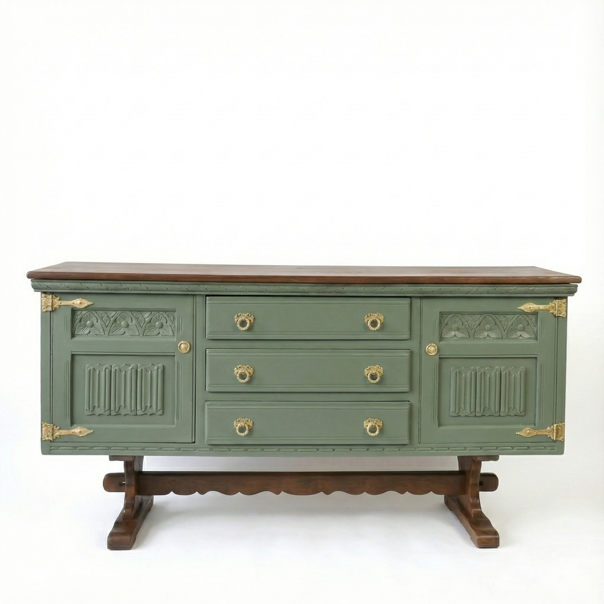 Handmade Walnut Sage Green Sideboard – Vintage Rustic Solid Wood Console Cabinet