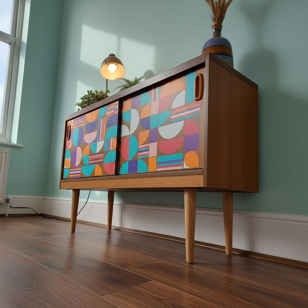 Custom Hand-Painted Mid-Century Modern Sideboard – Geometric Real Wood Console & Media Cabinet