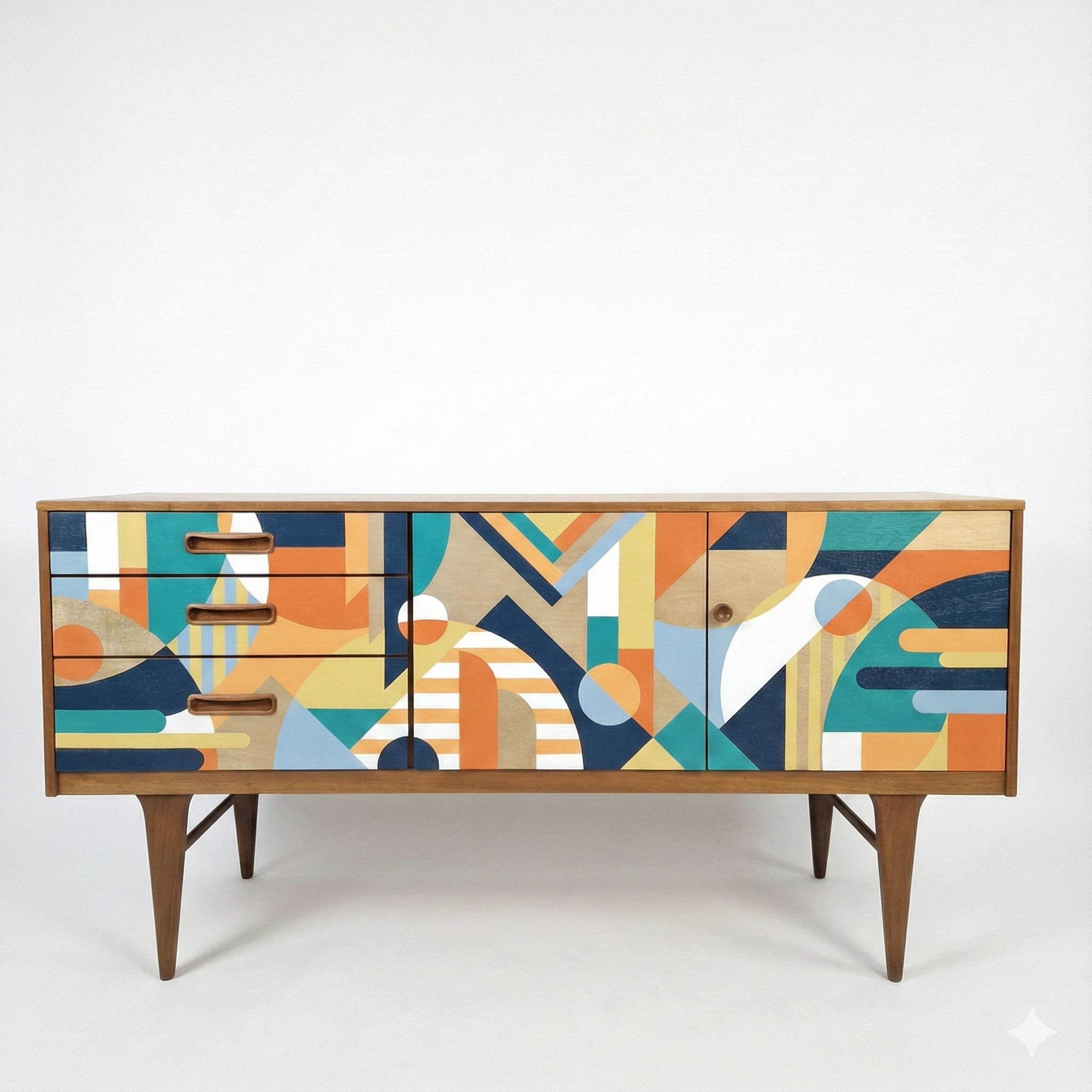 Modern Geometric Walnut Sideboard – Handmade Abstract Hand-Painted Console Cabinet
