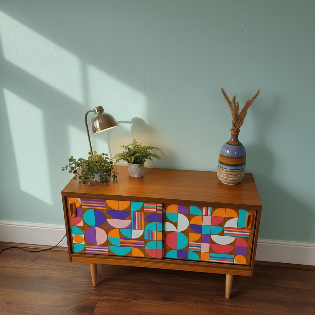 Custom Hand-Painted Mid-Century Modern Sideboard – Geometric Real Wood Console & Media Cabinet