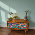 Custom Hand-Painted Mid-Century Modern Sideboard – Geometric Real Wood Console & Media Cabinet