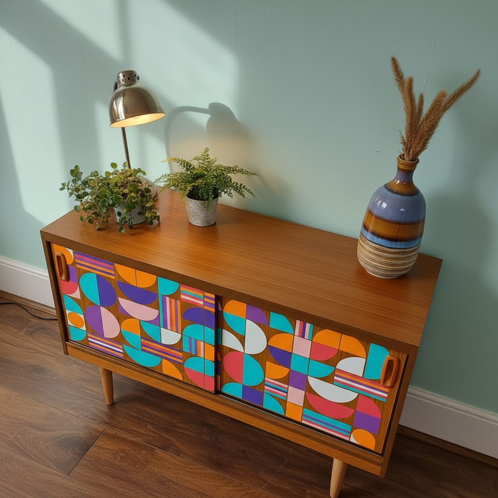 Custom Hand-Painted Mid-Century Modern Sideboard – Geometric Real Wood Console & Media Cabinet