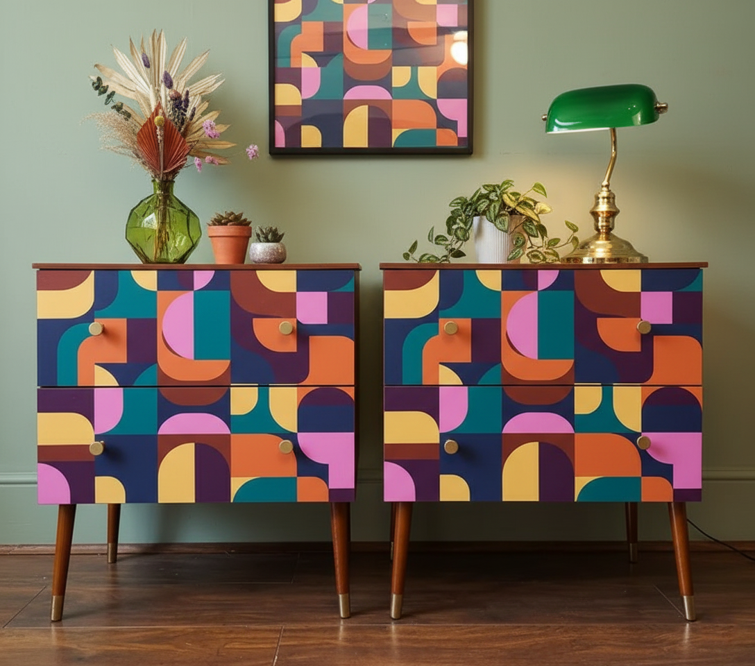 Hand-Painted Mid-Century Modern Nightstands – Geometric Abstract Real Wood Accent Cabinets