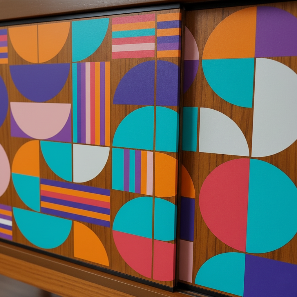 Custom Hand-Painted Mid-Century Modern Sideboard – Geometric Real Wood Console & Media Cabinet