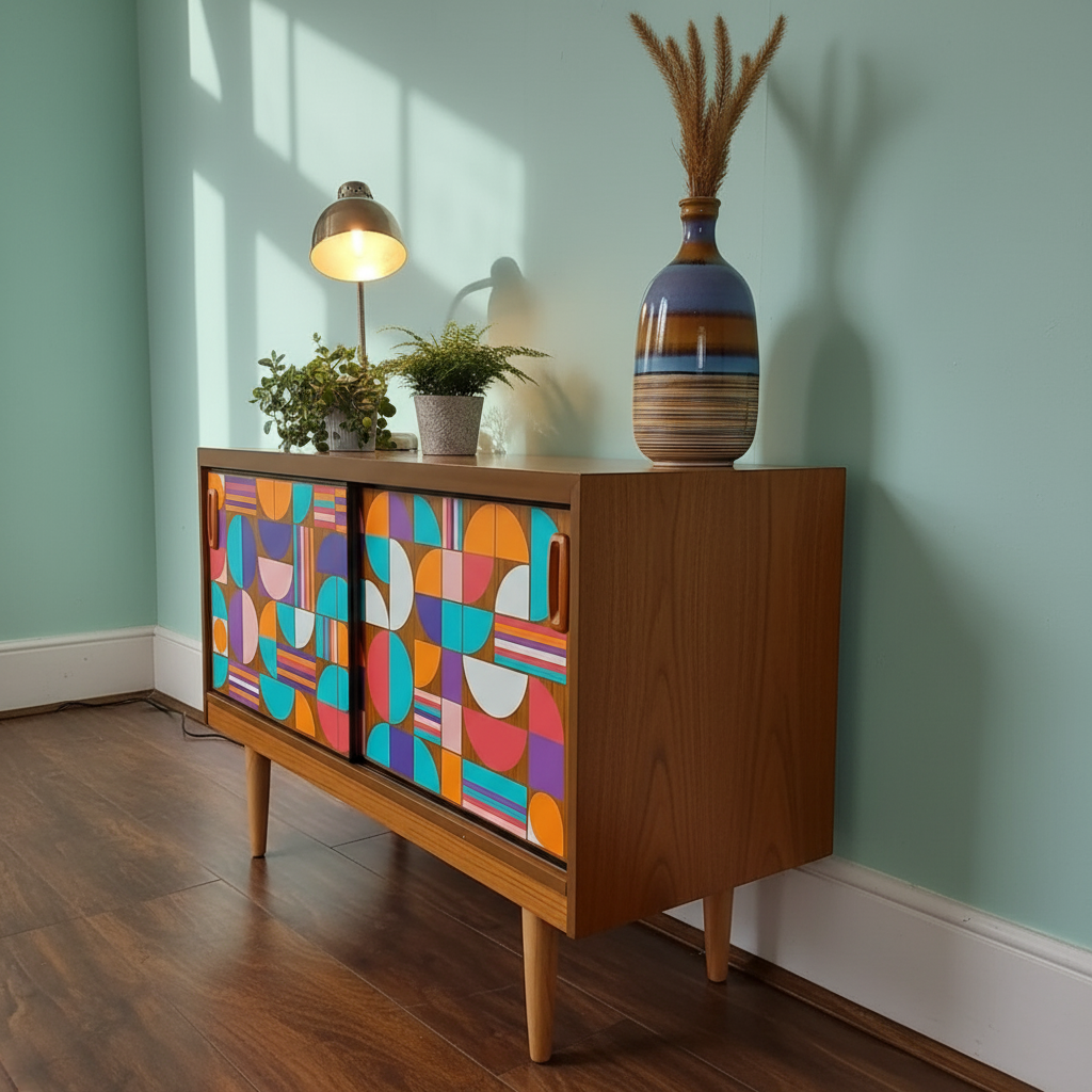 Custom Hand-Painted Mid-Century Modern Sideboard – Geometric Real Wood Console & Media Cabinet