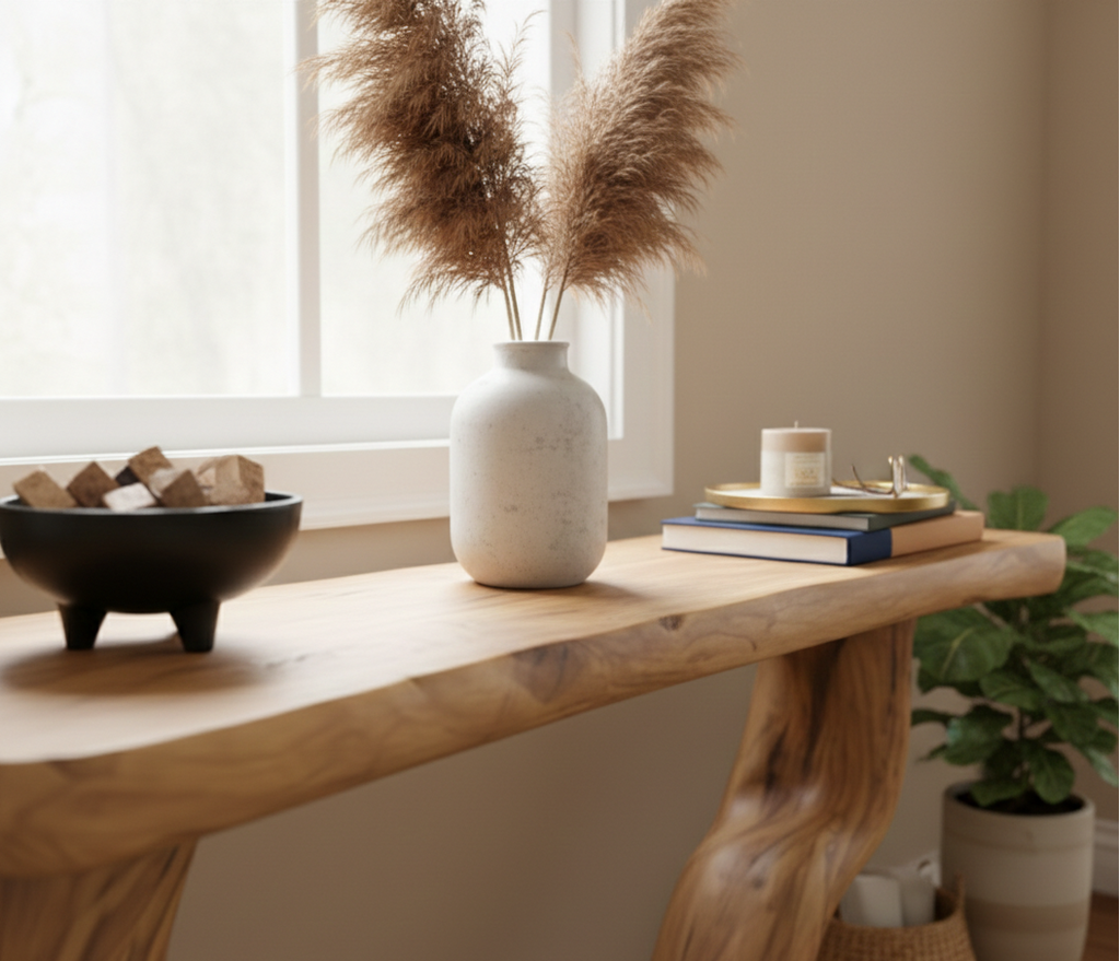 Organic Web Hand-Carved Solid Wood Console Table – Sculptural Abstract Entry Statement