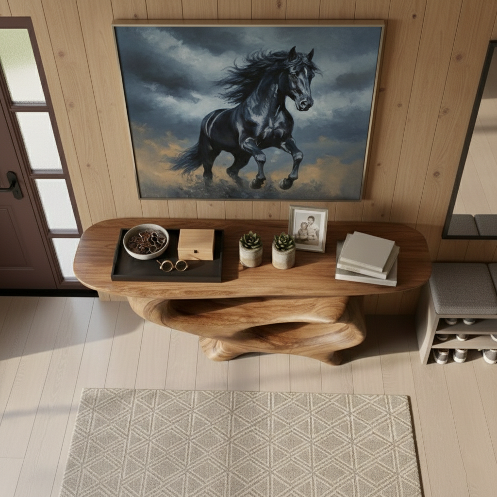 Hand-Carved Sculptural Wood Console Table – Live Edge Modern Rustic Statement Piece