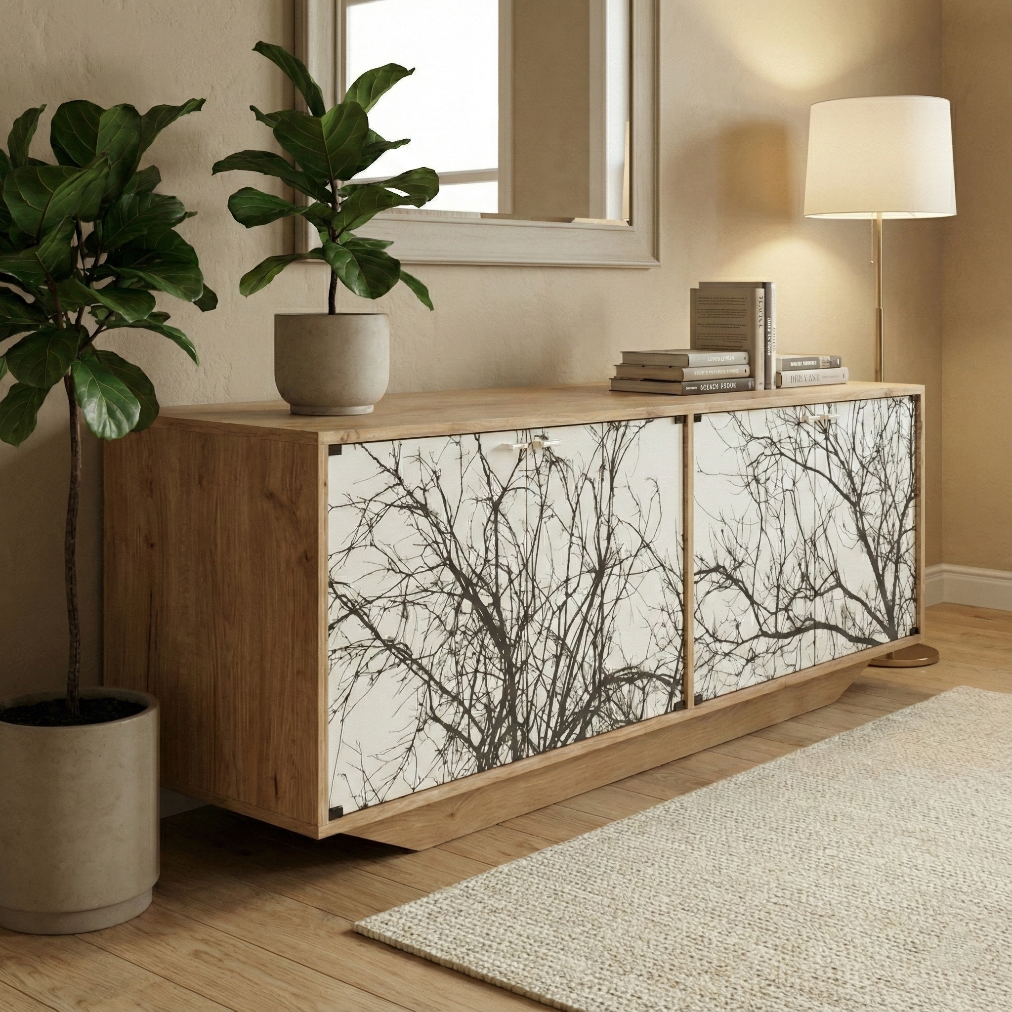 Handmade Oak Console Table – Modern Hand-Painted Dual-Door Storage Cabinet