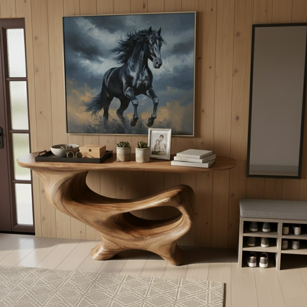 Hand-Carved Sculptural Wood Console Table – Live Edge Modern Rustic Statement Piece