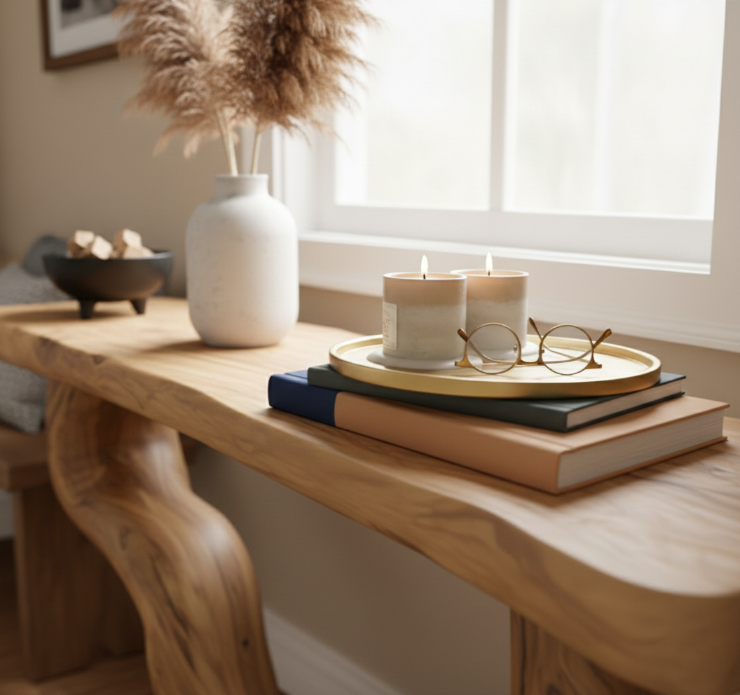 Organic Web Hand-Carved Solid Wood Console Table – Sculptural Abstract Entry Statement