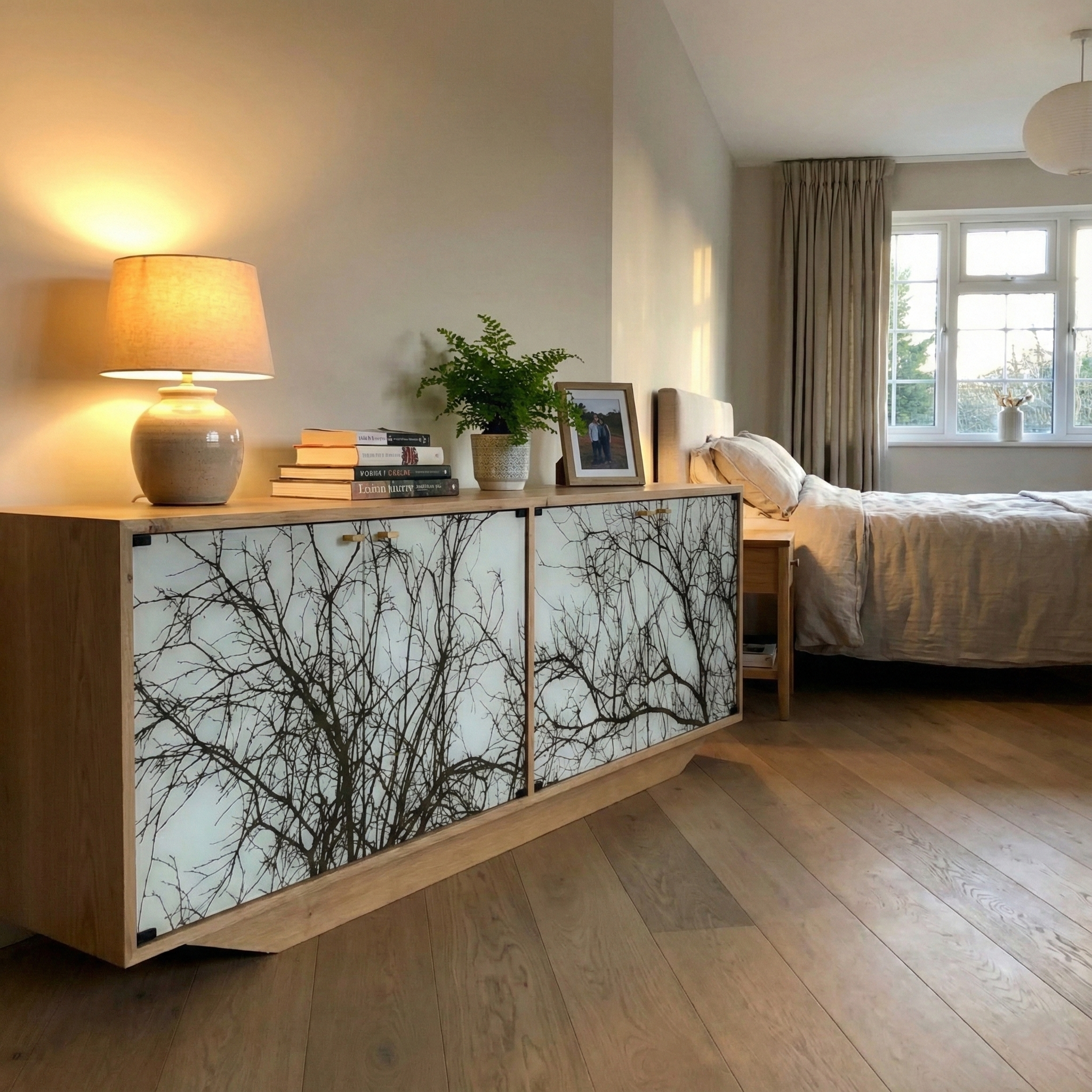 Handmade Oak Console Table – Modern Hand-Painted Dual-Door Storage Cabinet