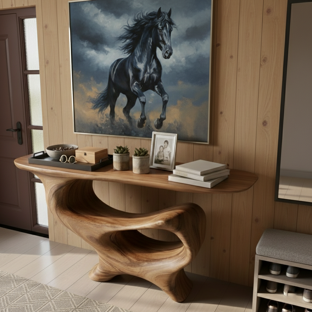 Hand-Carved Sculptural Wood Console Table – Live Edge Modern Rustic Statement Piece