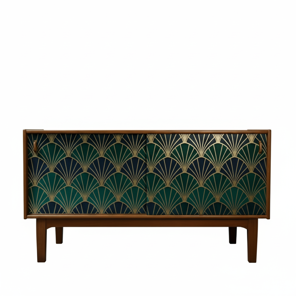 Hand-Painted Geometric Sideboard Cabinet – Art Deco Emerald Green Media Console