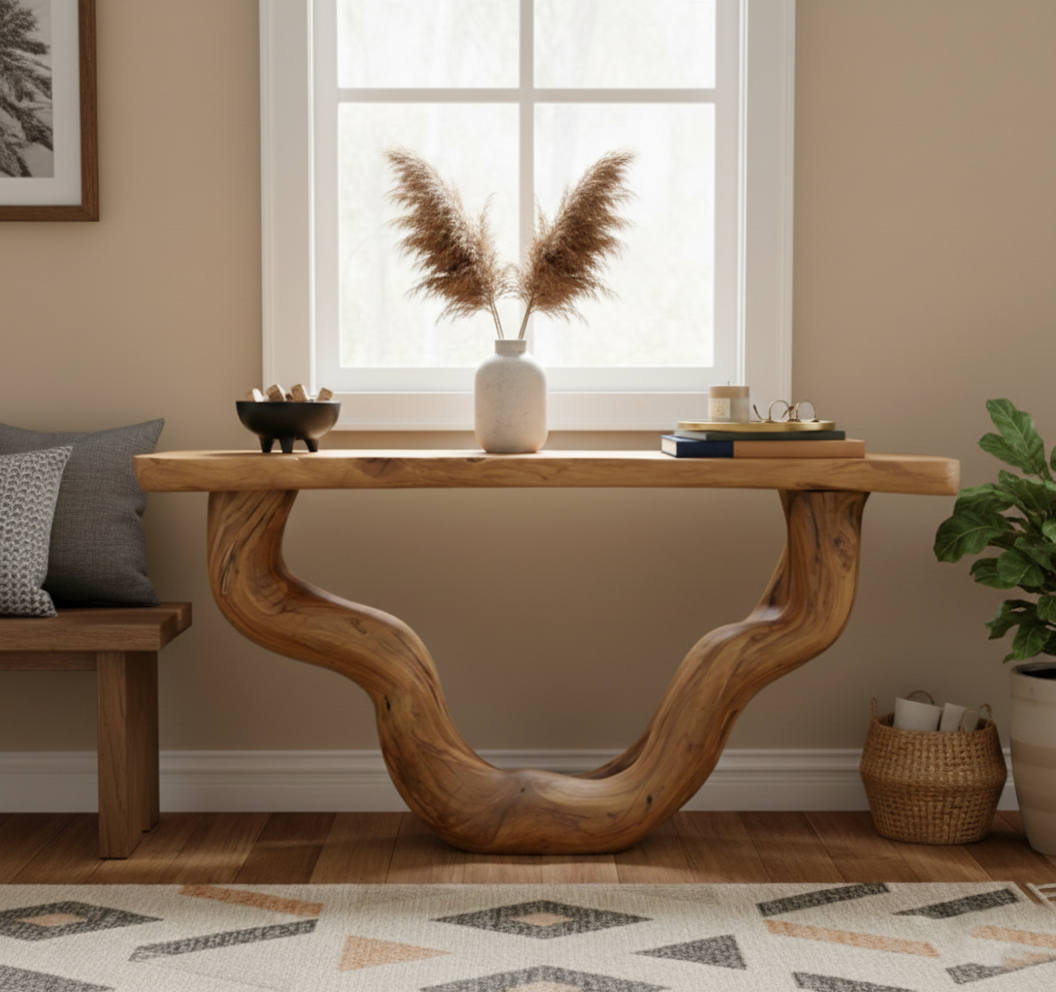 Organic Web Hand-Carved Solid Wood Console Table – Sculptural Abstract Entry Statement