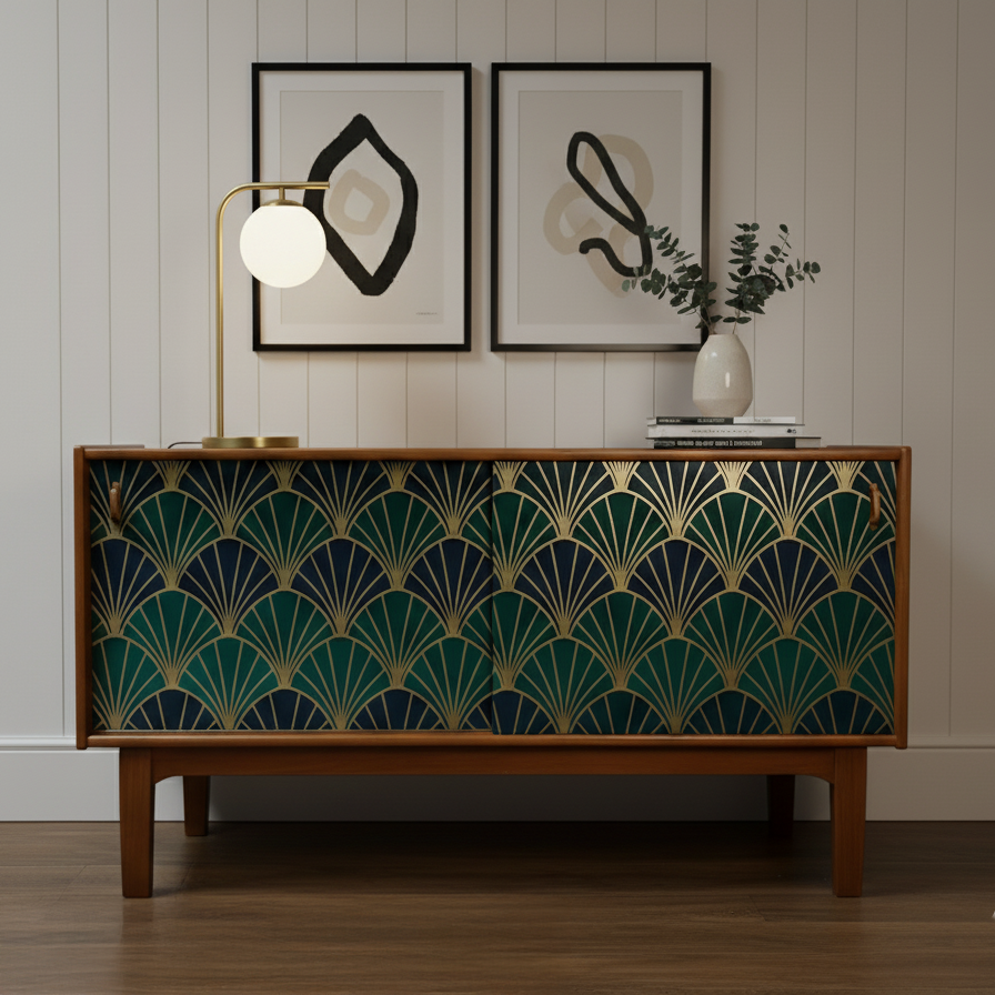 Hand-Painted Geometric Sideboard Cabinet – Art Deco Emerald Green Media Console