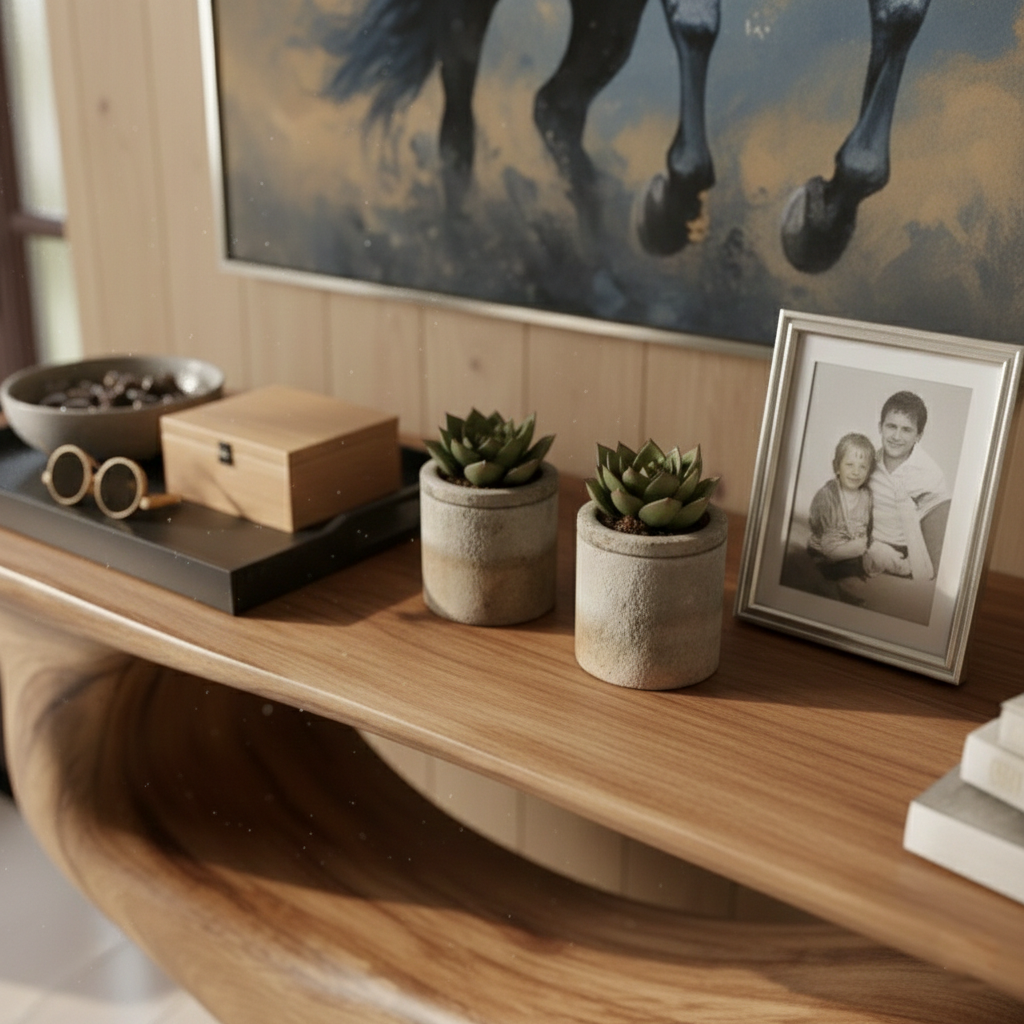 Hand-Carved Sculptural Wood Console Table – Live Edge Modern Rustic Statement Piece