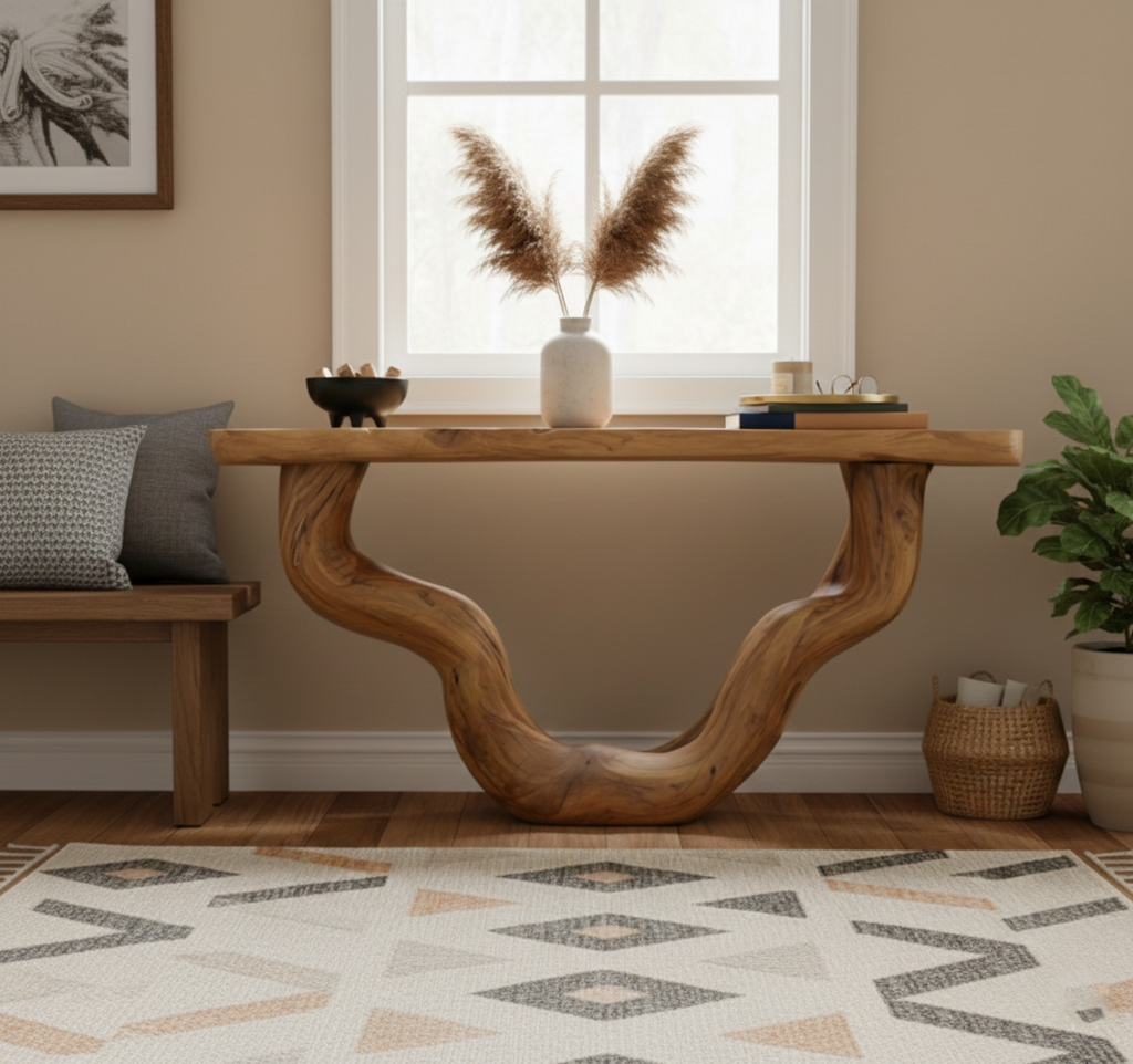 Organic Web Hand-Carved Solid Wood Console Table – Sculptural Abstract Entry Statement