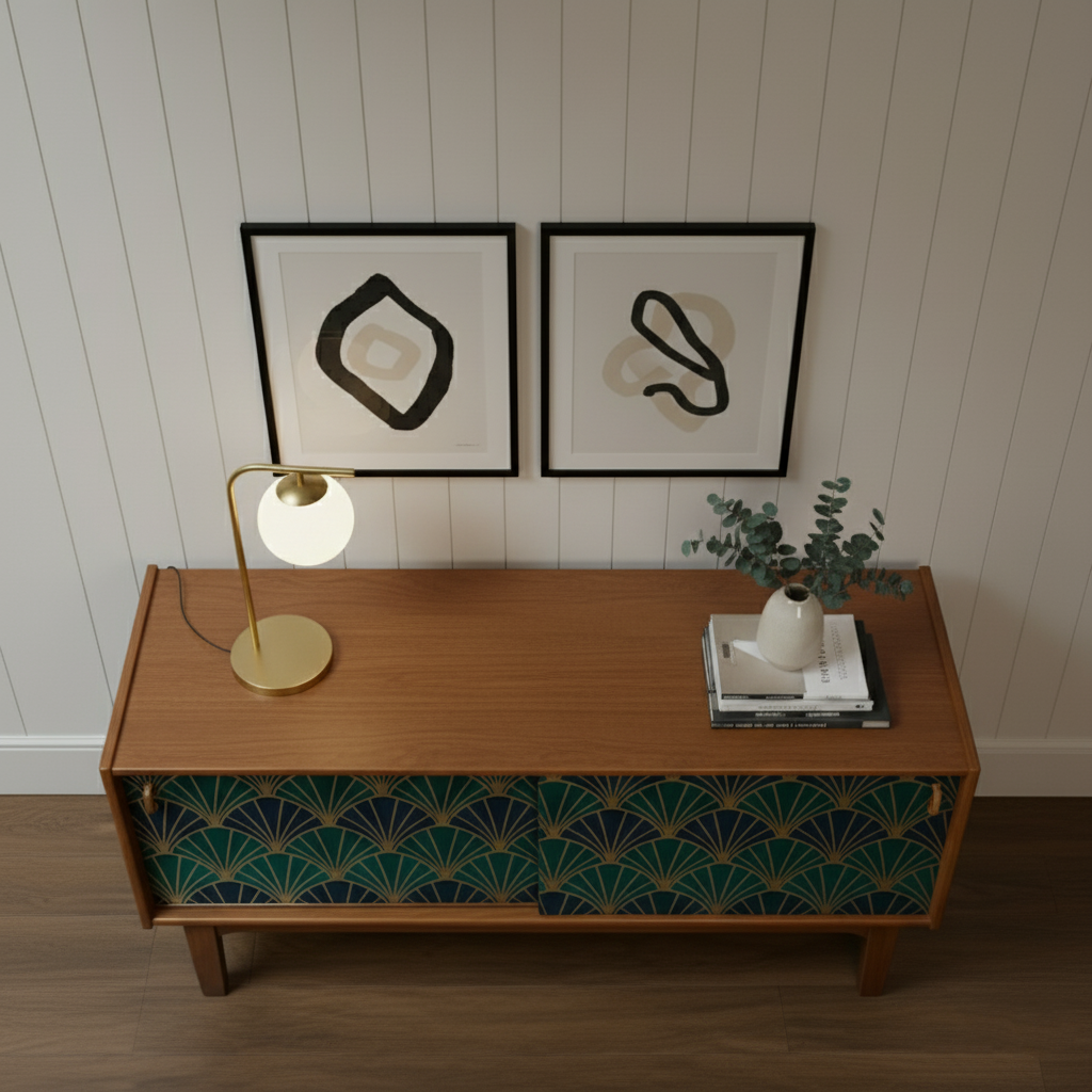 Hand-Painted Geometric Sideboard Cabinet – Art Deco Emerald Green Media Console