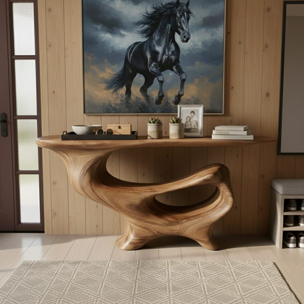 Hand-Carved Sculptural Wood Console Table – Live Edge Modern Rustic Statement Piece
