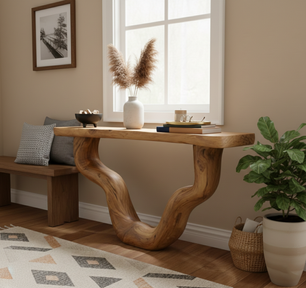 Organic Web Hand-Carved Solid Wood Console Table – Sculptural Abstract Entry Statement