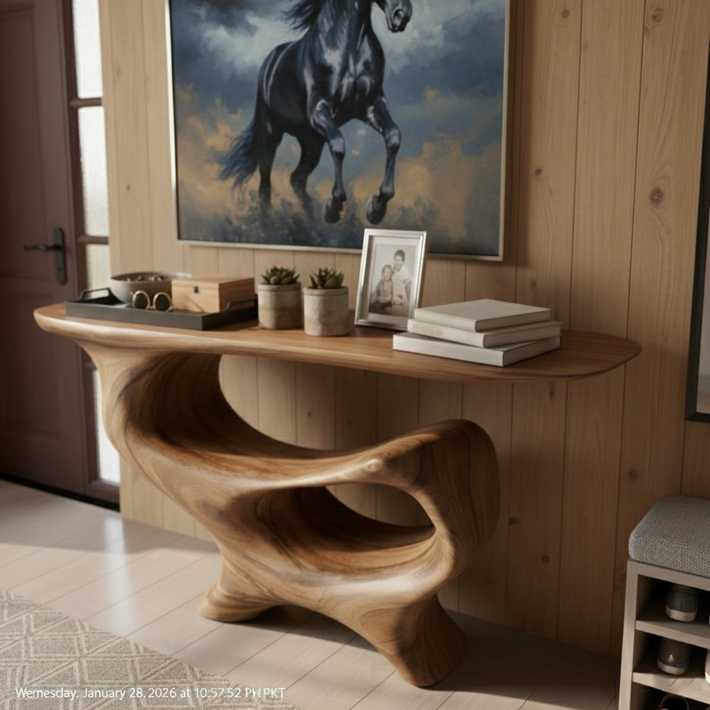 Hand-Carved Sculptural Wood Console Table – Live Edge Modern Rustic Statement Piece