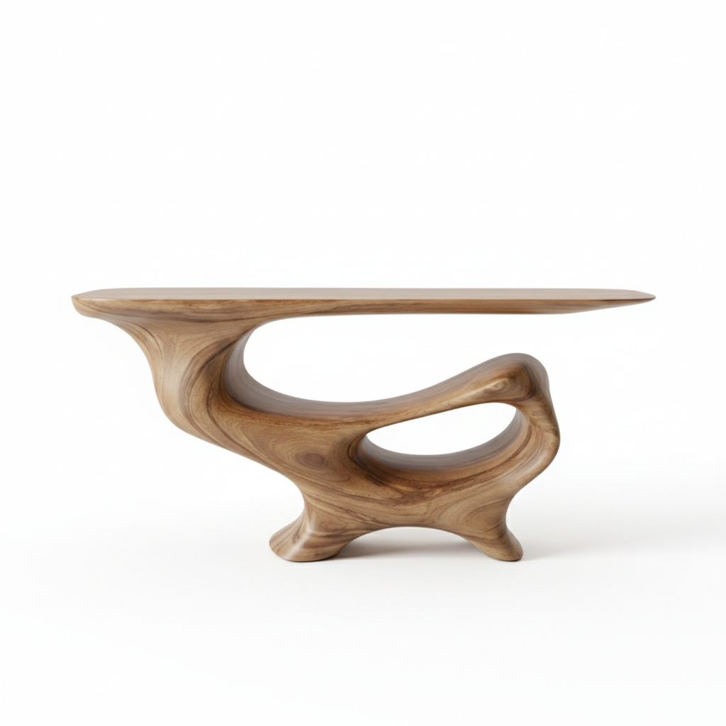 Hand-Carved Sculptural Wood Console Table – Live Edge Modern Rustic Statement Piece