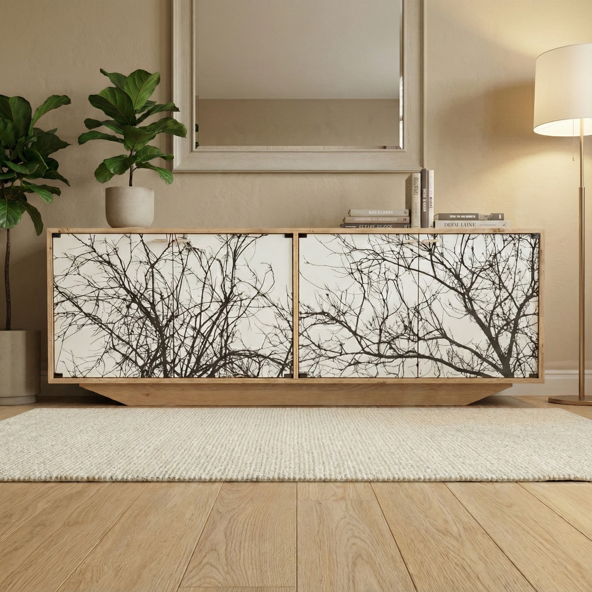 Handmade Oak Console Table – Modern Hand-Painted Dual-Door Storage Cabinet