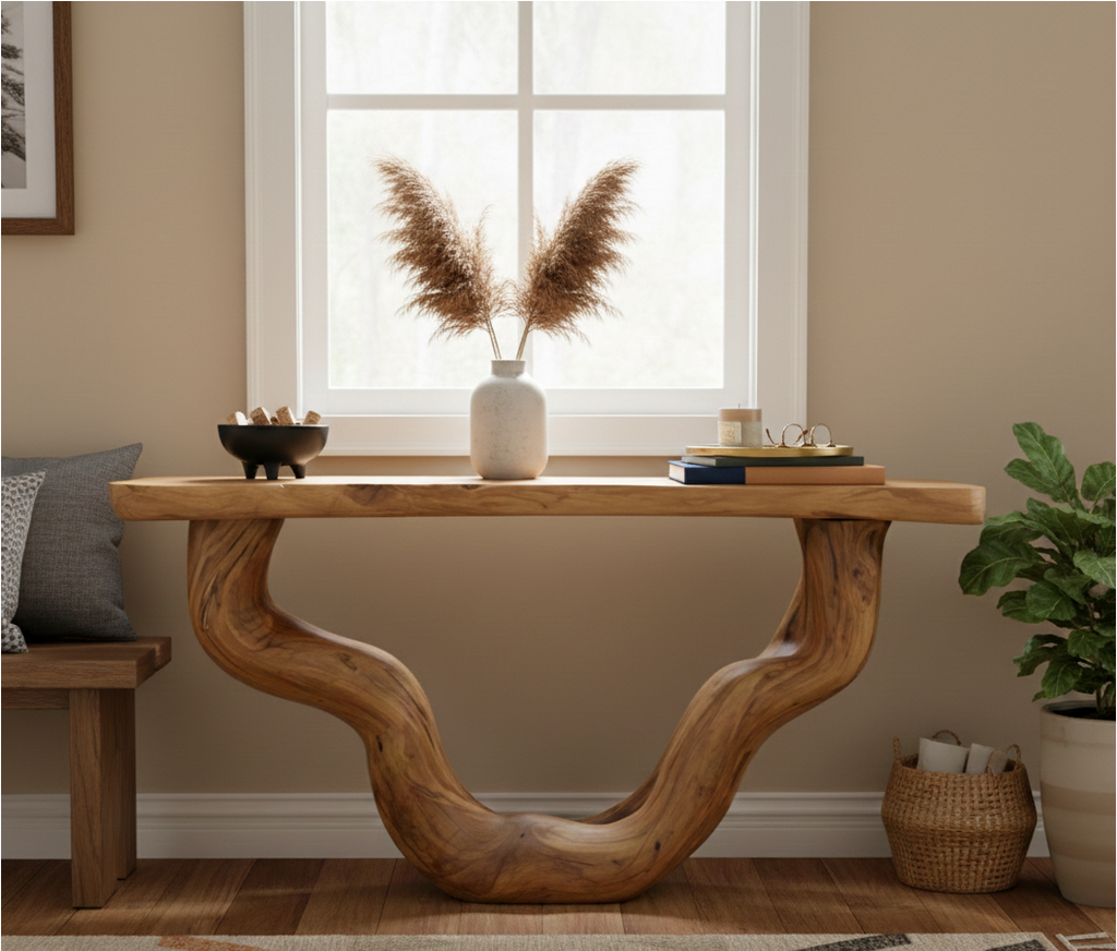 Organic Web Hand-Carved Solid Wood Console Table – Sculptural Abstract Entry Statement