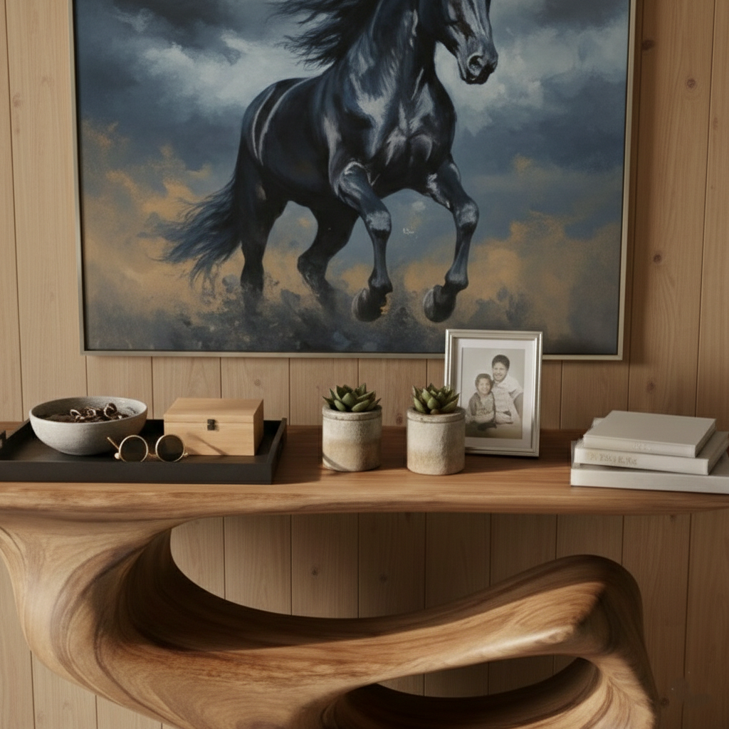 Hand-Carved Sculptural Wood Console Table – Live Edge Modern Rustic Statement Piece