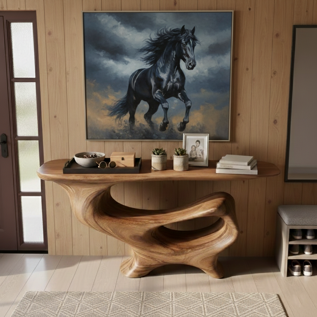 Hand-Carved Sculptural Wood Console Table – Live Edge Modern Rustic Statement Piece